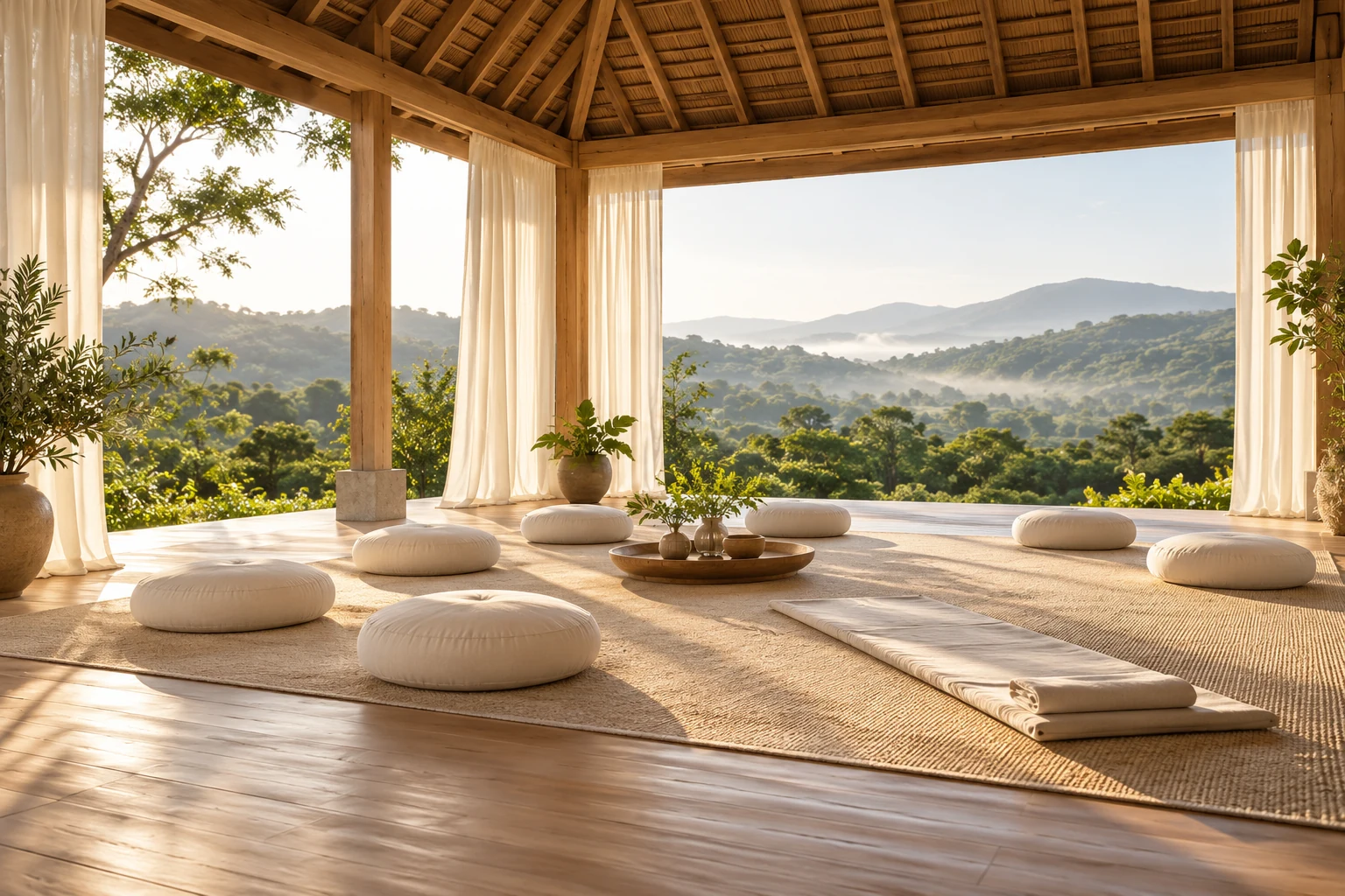 Imagined airy retreat pavilion with ivory cushions overlooking green hills; concept image.