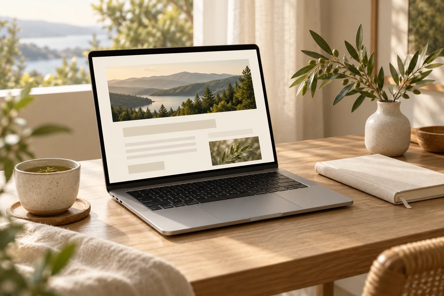 A laptop showing an abstract newsletter beside tea, a linen journal and an olive branch.