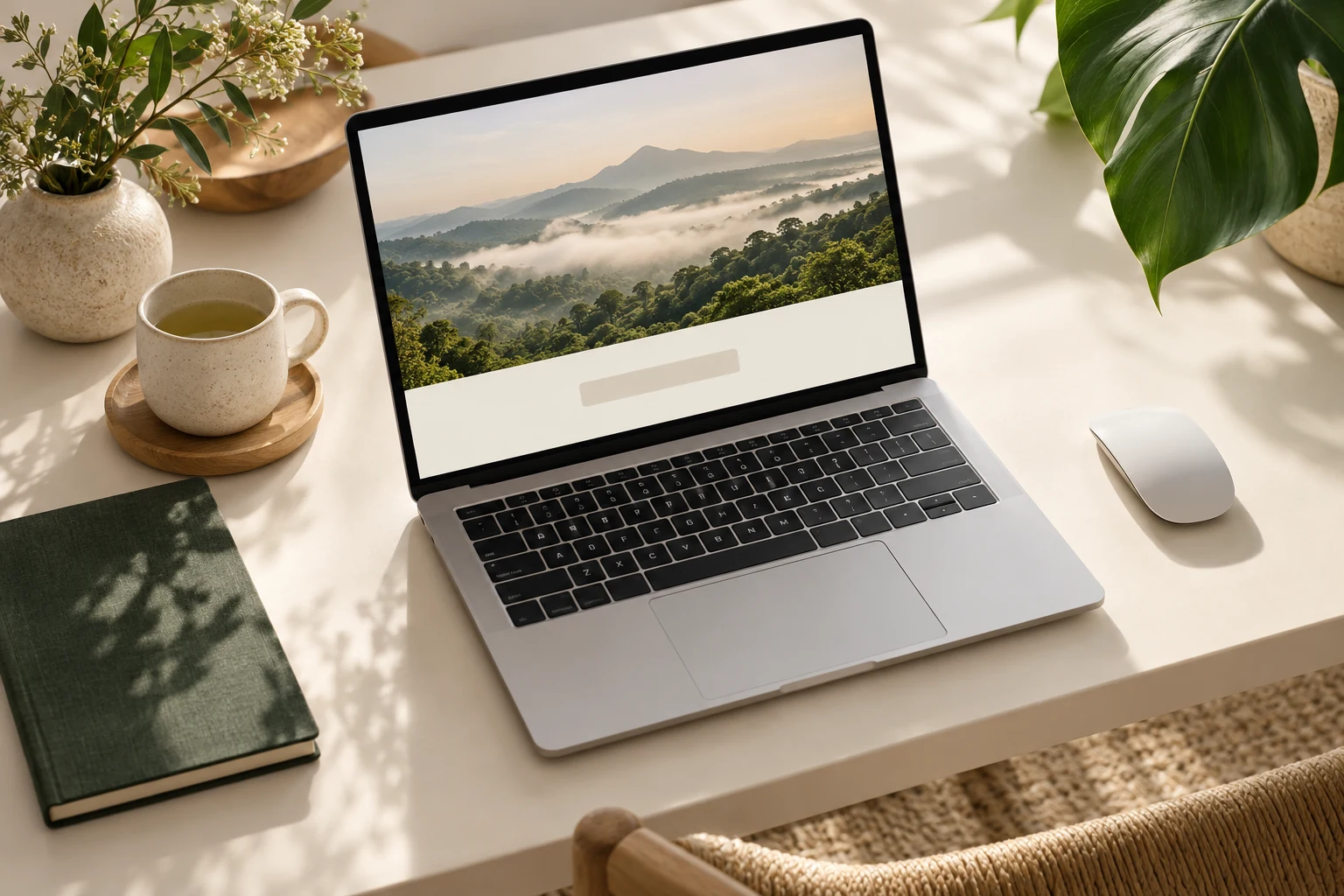 A laptop with an abstract retreat image and link card beside a mouse and green notebook.