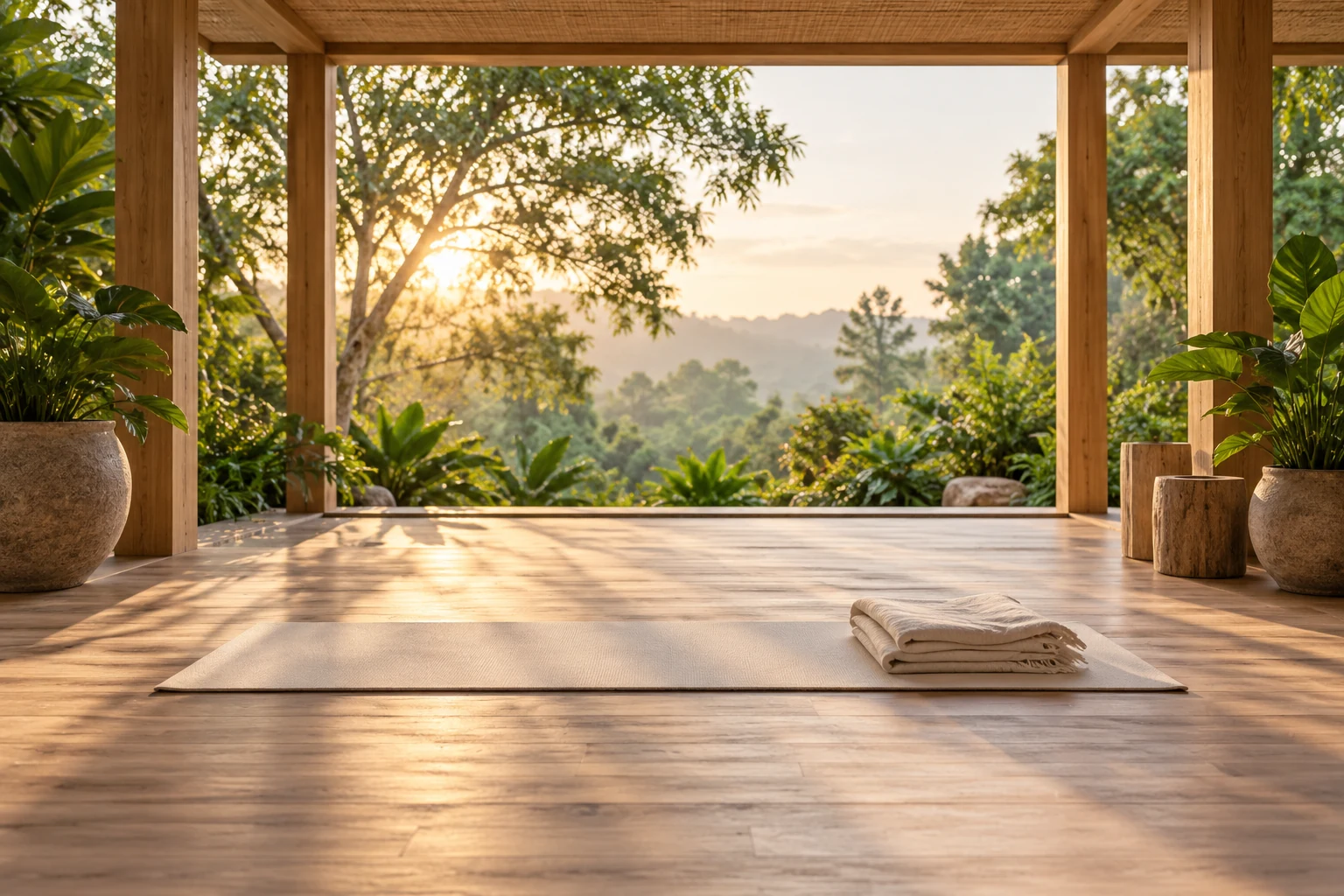 Imagined retreat pavilion with an ivory yoga mat in soft sunrise light; concept image.