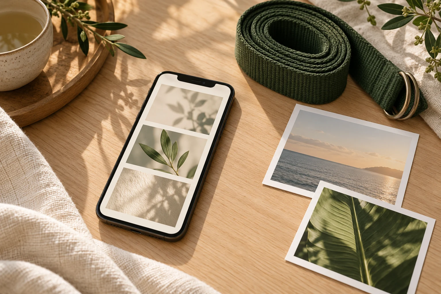 A phone with a botanical image board beside a green yoga strap and retreat inspiration prints.