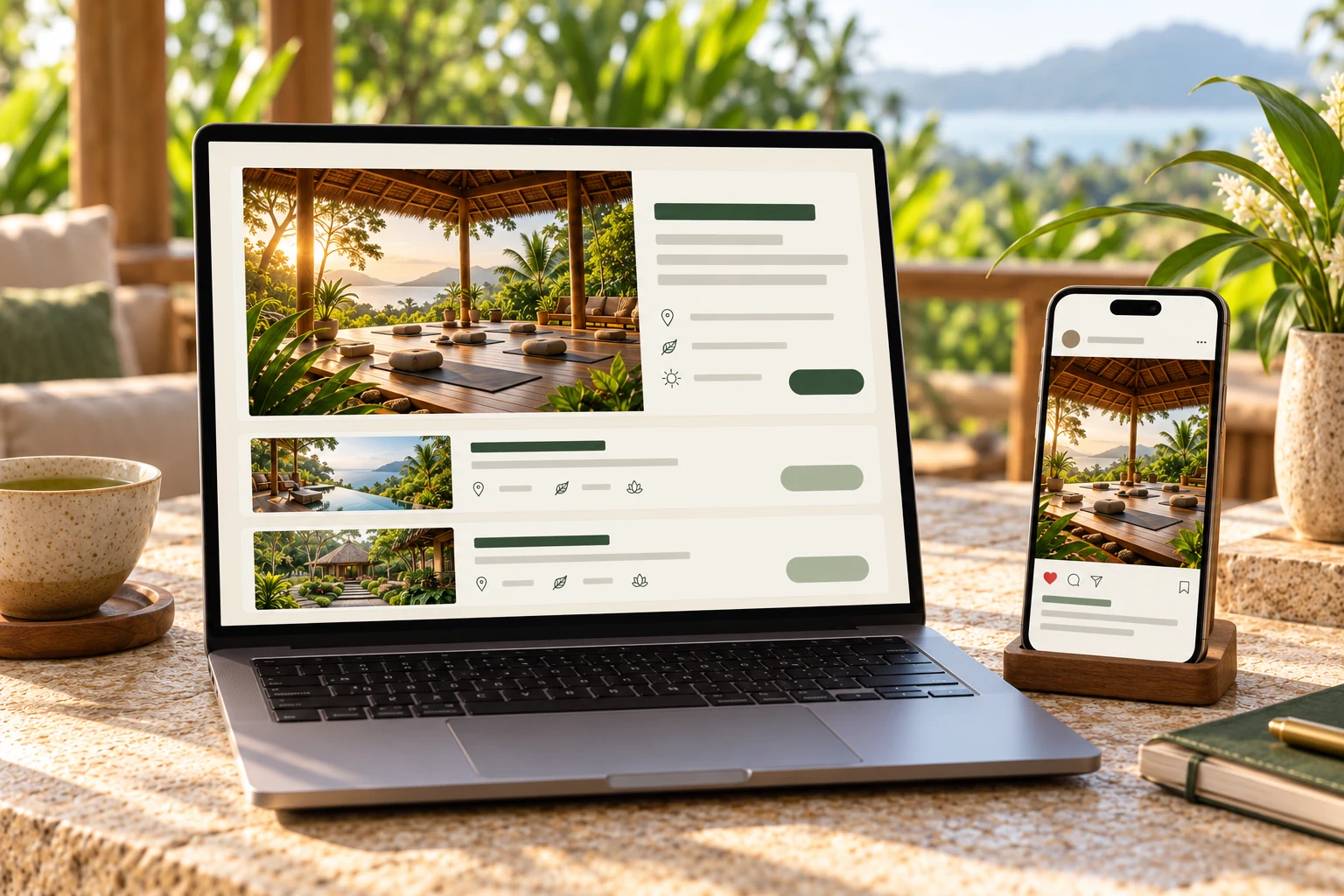 Laptop and phone displaying a retreat listing and coordinated social media promotion.