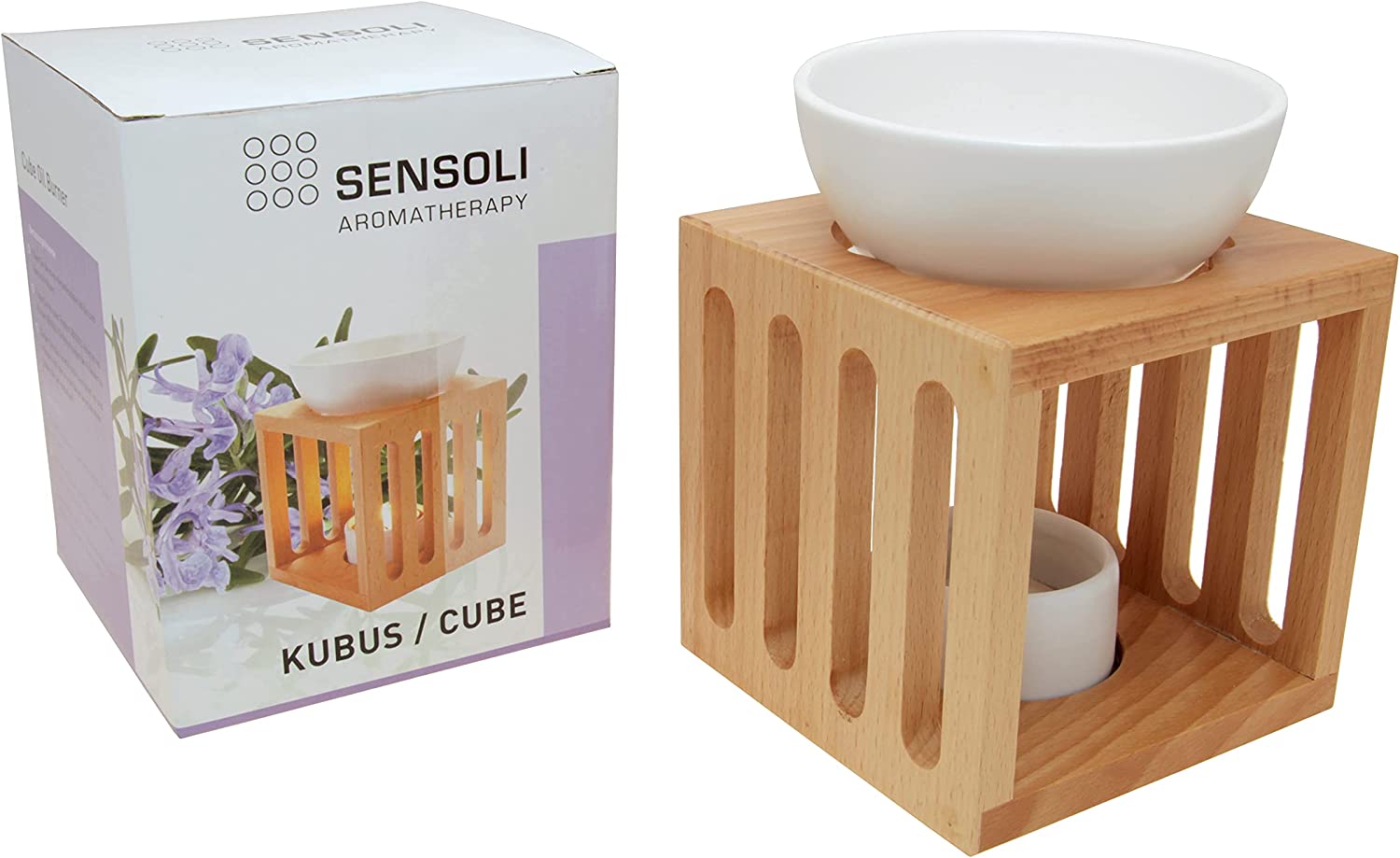 Sensoli Cube oil burner with its wooden frame, ceramic bowl and original packaging