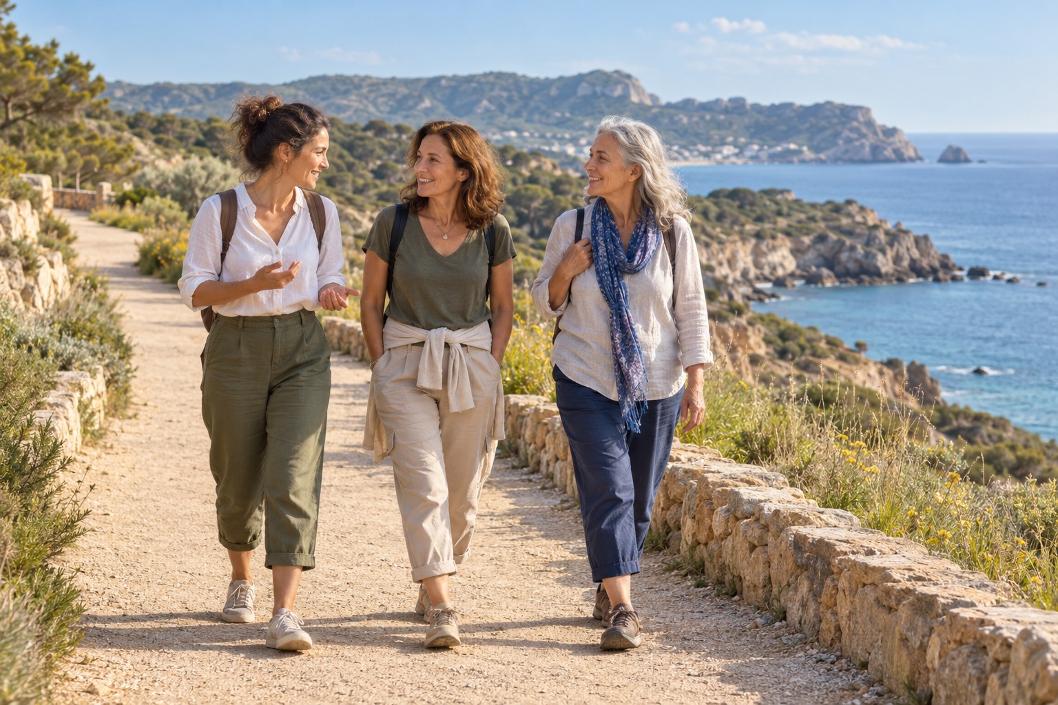 Illustration of three adult women walking and talking along a sunny coastal path
