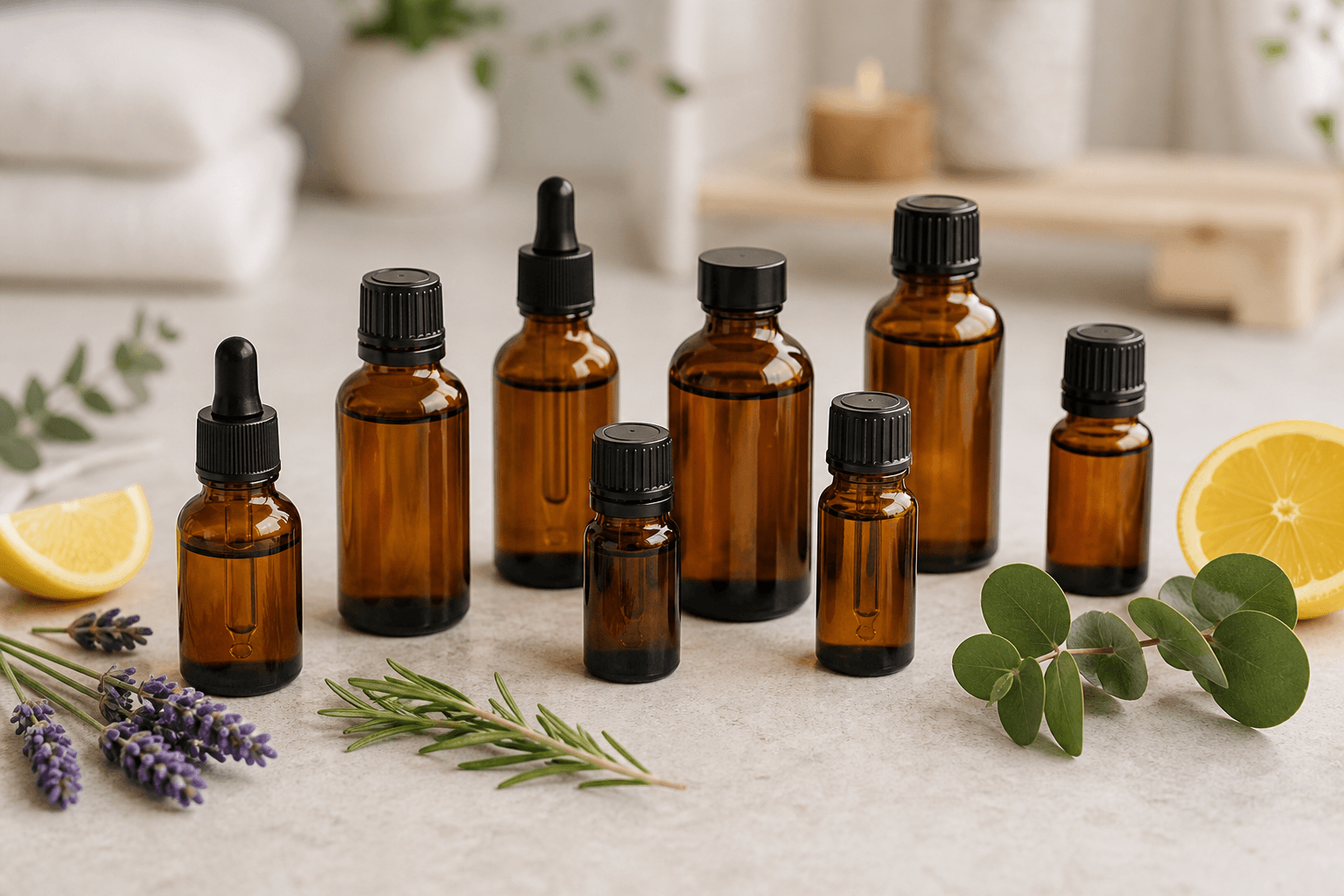 Unbranded amber essential oil bottles with lavender, rosemary, eucalyptus and citrus