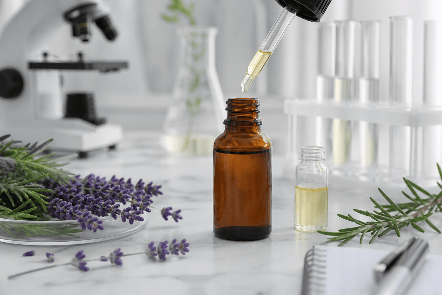 Laboratory pipette and essential oil bottle representing quality testing and traceability