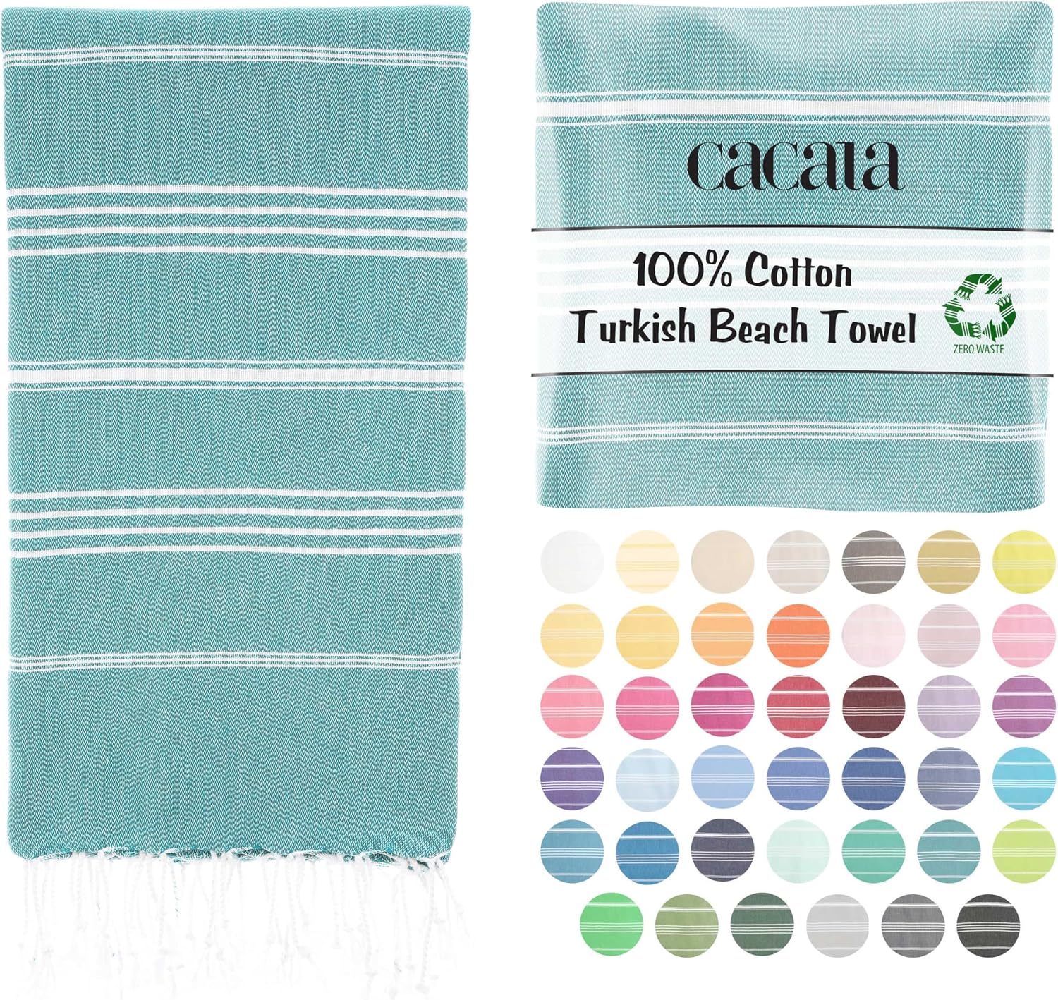 Cacala manufacturer graphic showing the Aqua striped towel open and folded with a palette of alternative colours