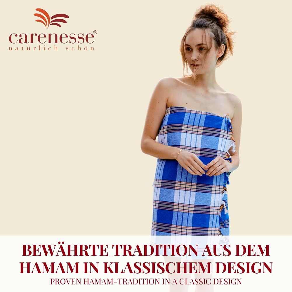 Carenesse manufacturer graphic showing a woman wearing the Blue Check hammam towel as a wrap