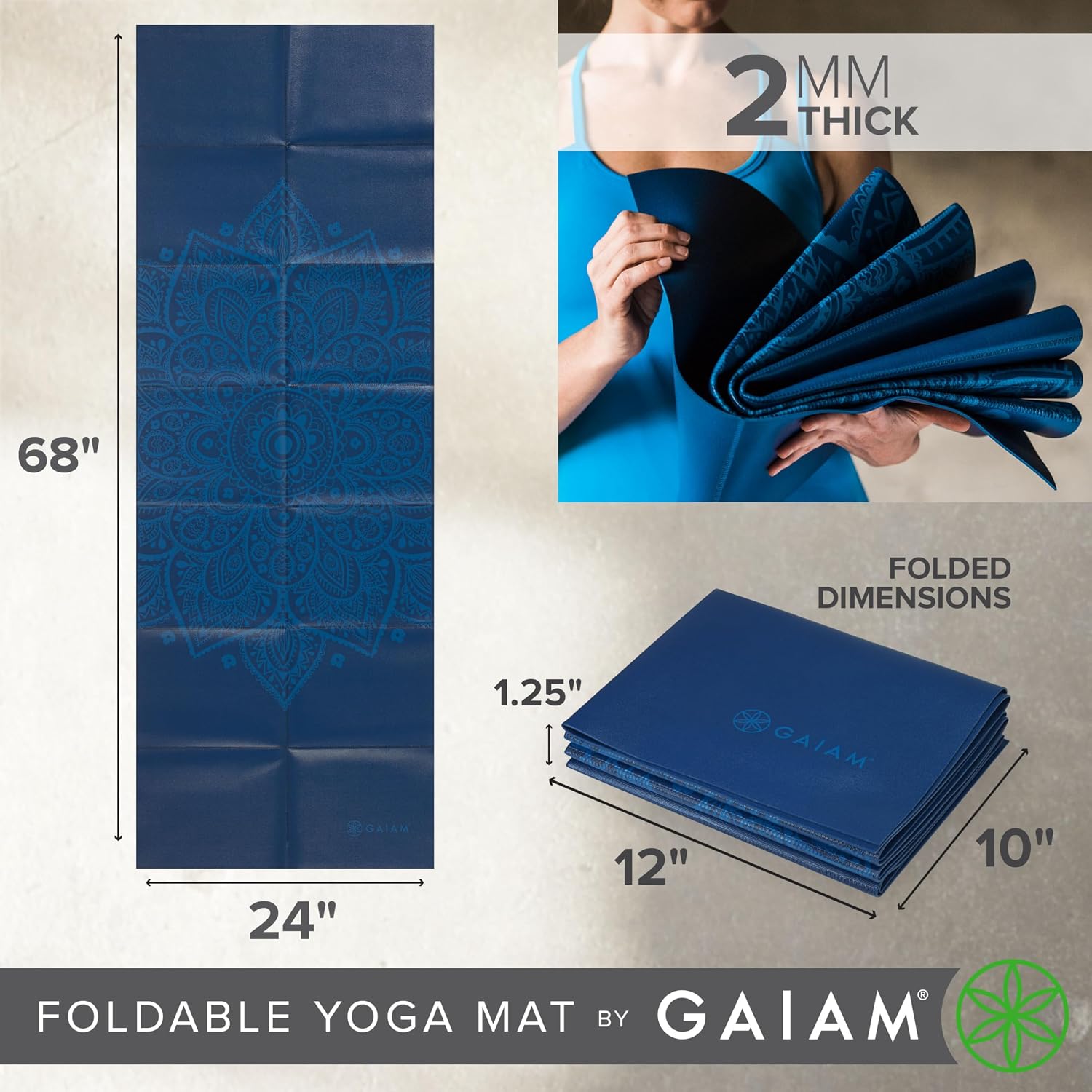 Gaiam manufacturer graphic showing the Blue Sundial mat open and folded, with dimensions