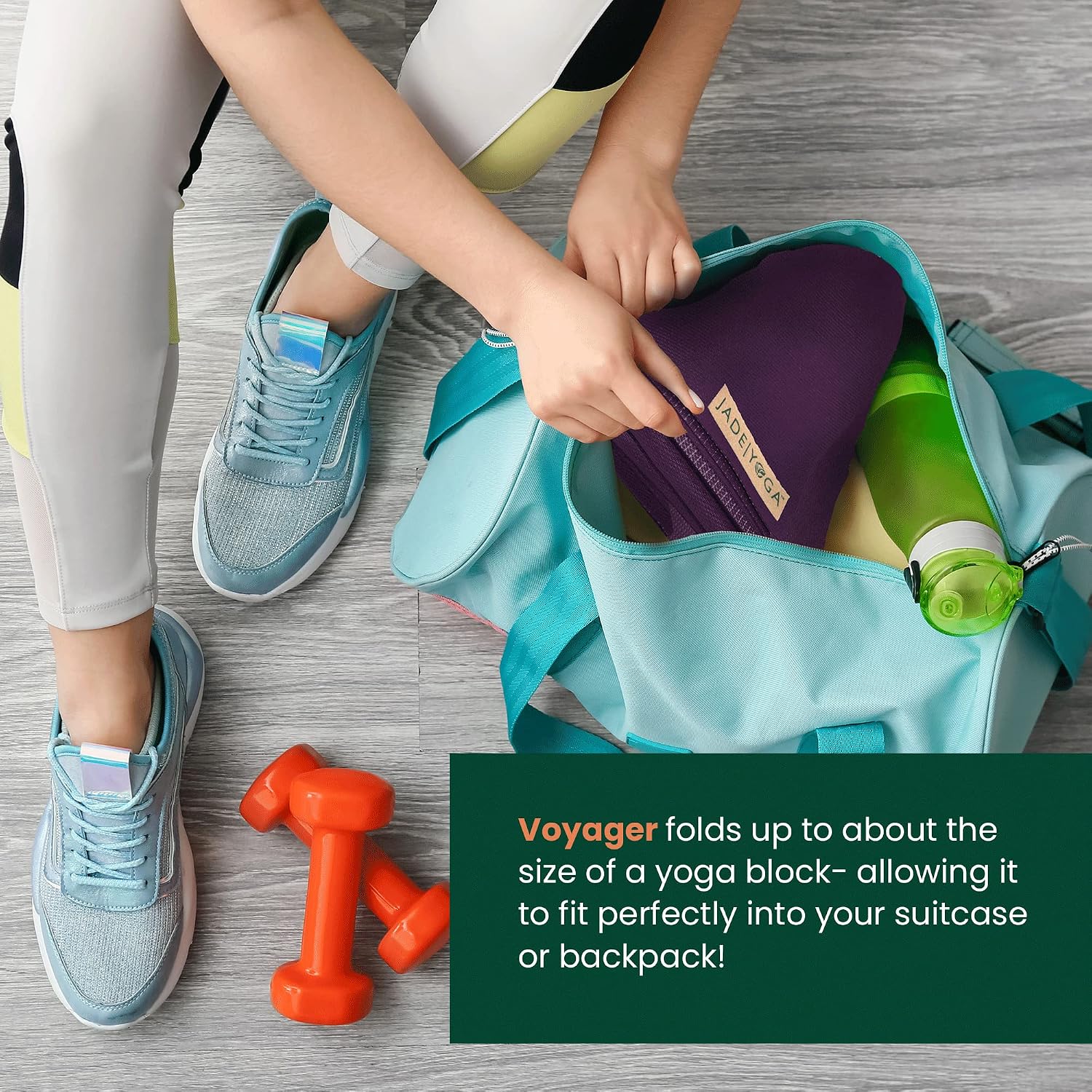 Manufacturer image showing a purple Jade Voyager mat folded into a turquoise bag