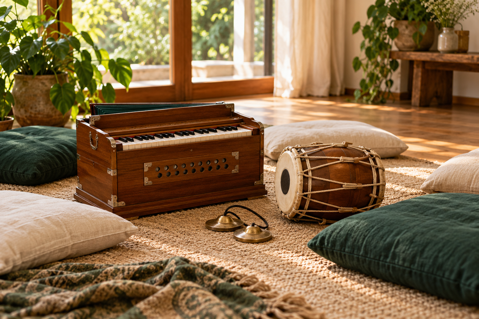 Illustrative harmonium, hand cymbals and a drum beside sitting cushions