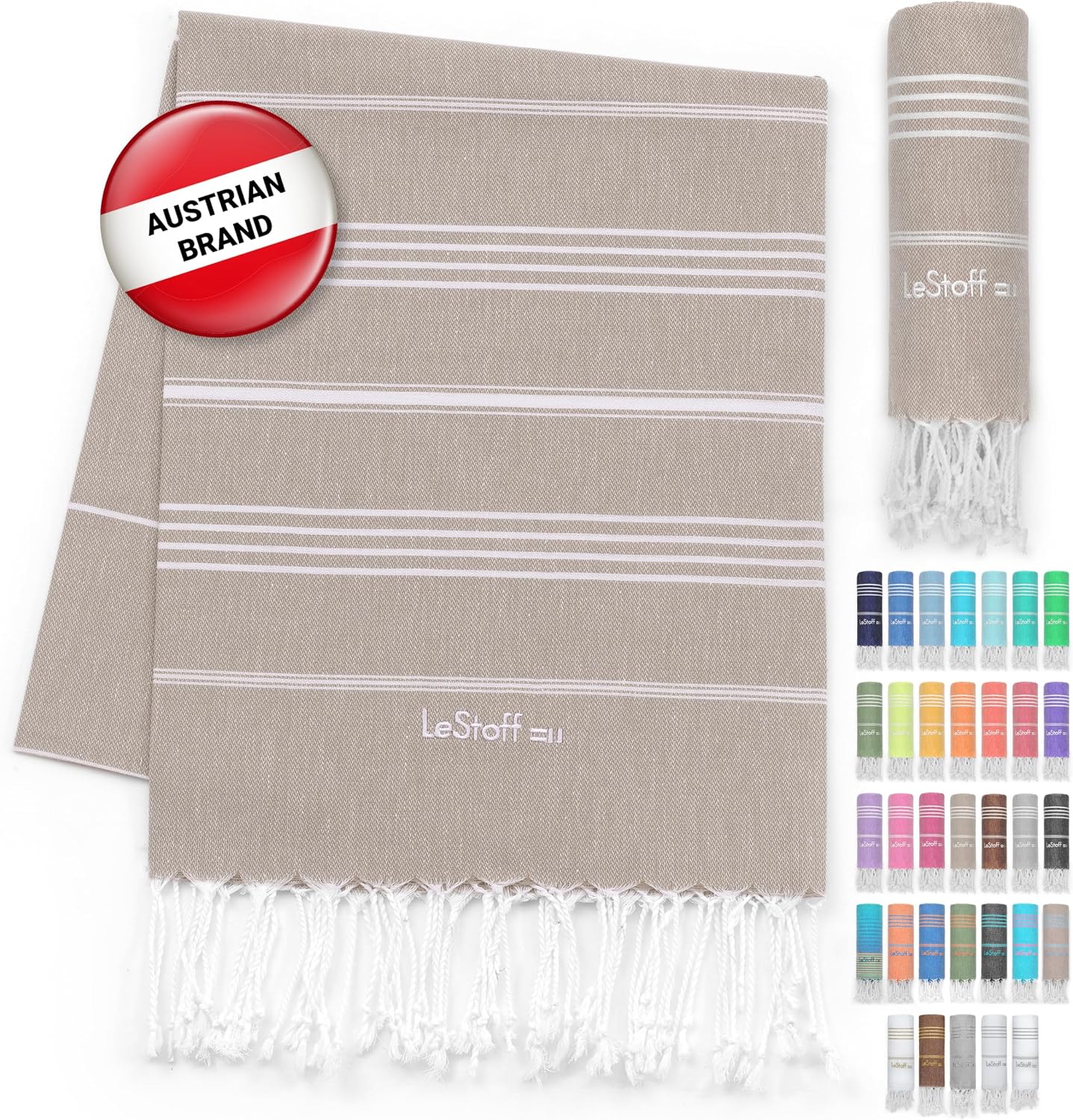 LeStoff manufacturer graphic showing the beige striped hammam towel spread out and rolled, with a colour palette