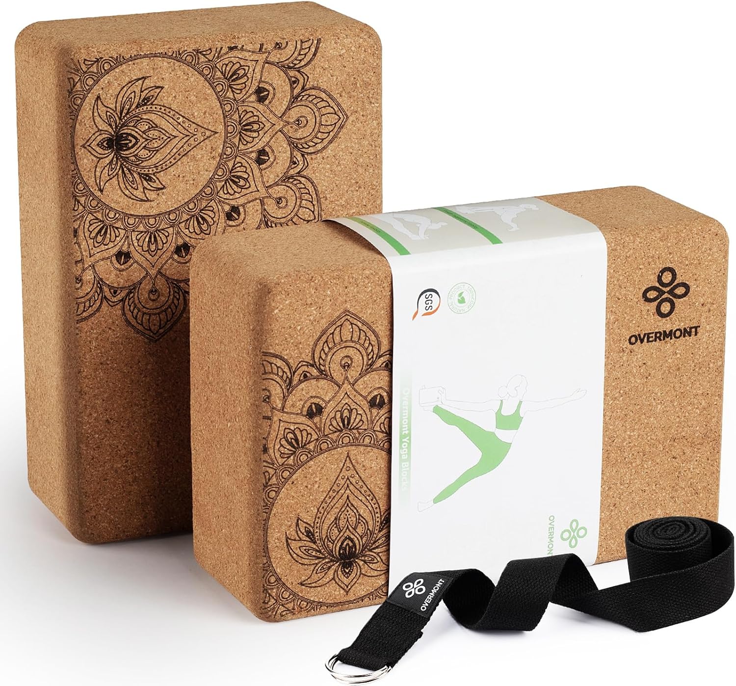 Overmont two cork yoga blocks with the included yoga strap
