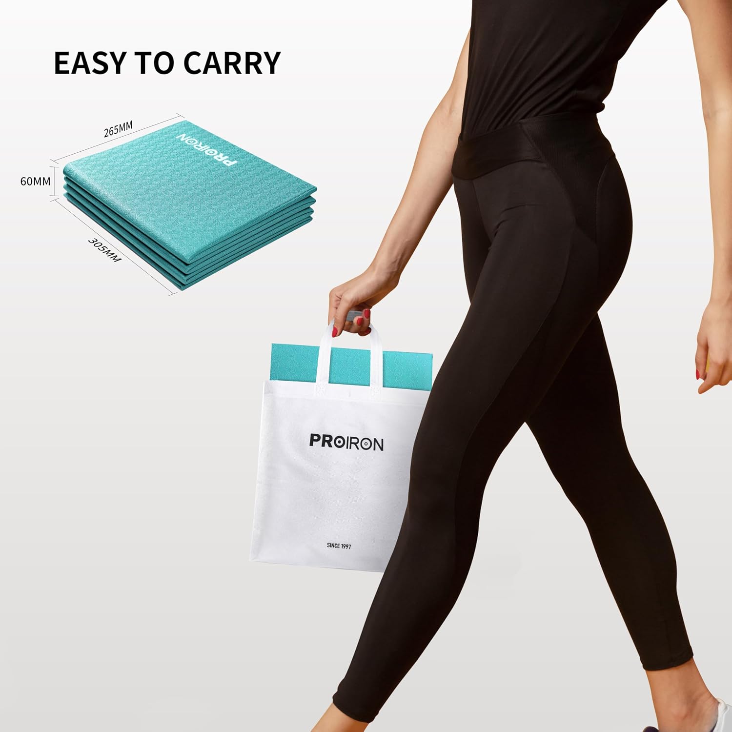 PROIRON manufacturer image showing a person carrying the folded turquoise mat in its white carry bag