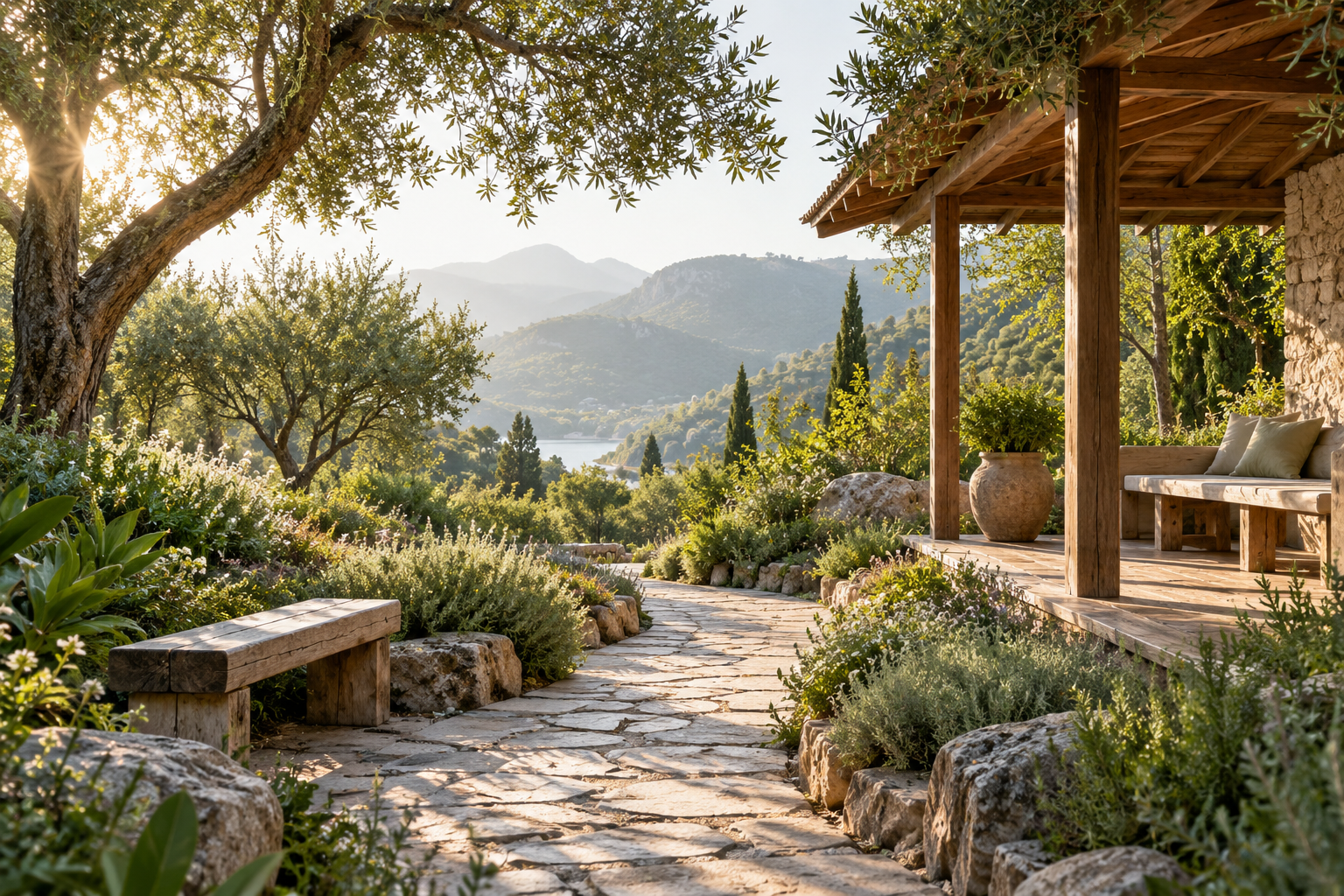 Illustrative quiet garden path beside a timber sitting pavilion