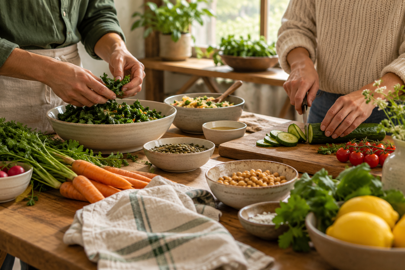 Illustrative hands preparing vegetables together for a shared meal