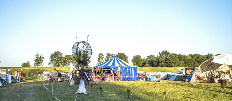 Tents, a striped marquee and participant-made installations at Where the Sheep Sleep in 2019.