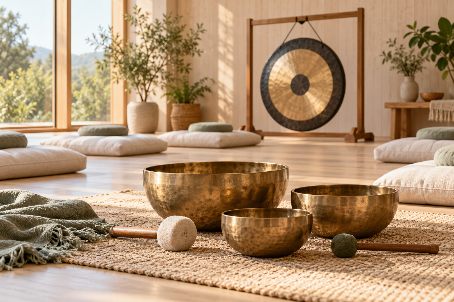 Illustrative singing bowls, mallets and a gong in a timber practice room
