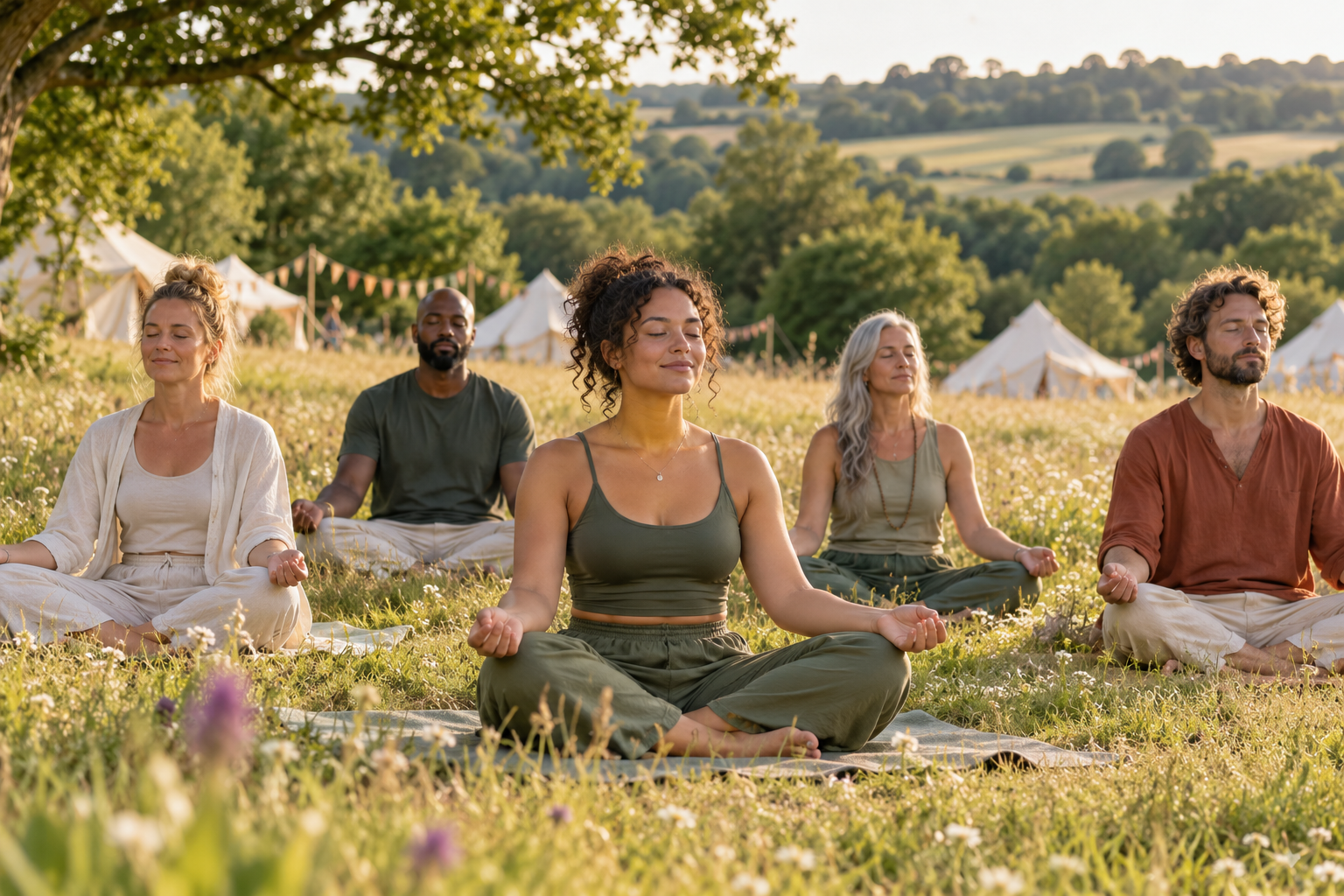 Illustration of a small group meditating in an English meadow with canvas festival tents behind them